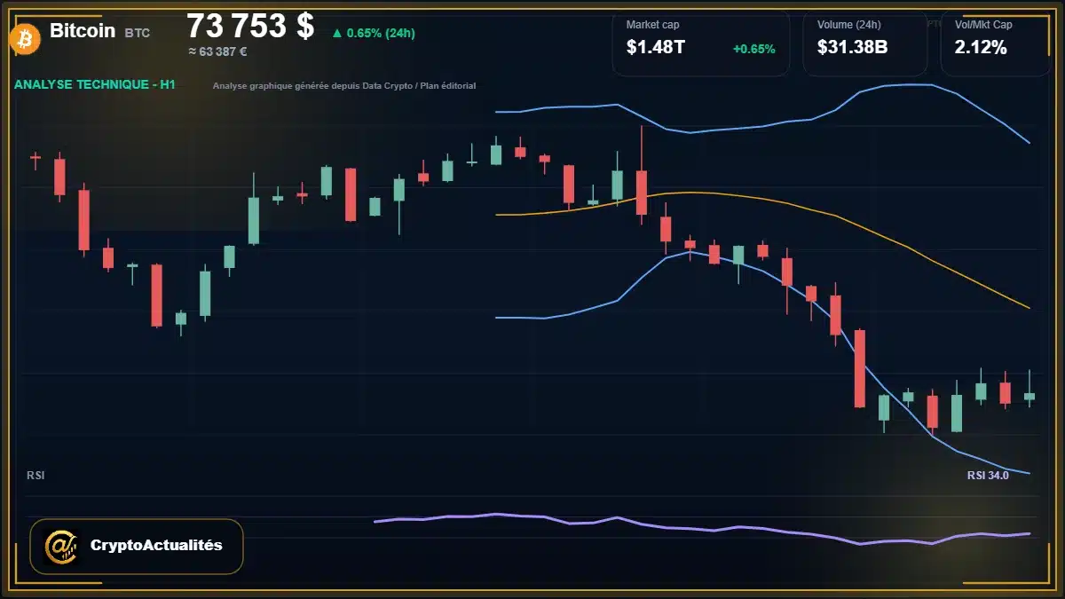 Analyse technique du cours de Bitcoin de bitcoin à 73753 $ aujourd'hui