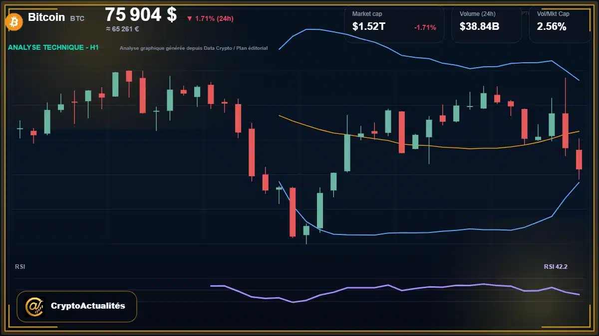 Analyse technique du cours de Bitcoin de bitcoin à 75904 $ aujourd'hui