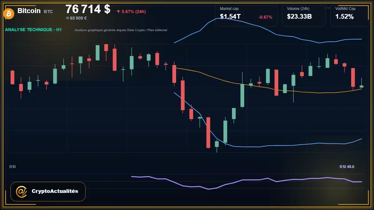 Analyse technique du cours de Bitcoin de bitcoin à 76714 $ aujourd'hui