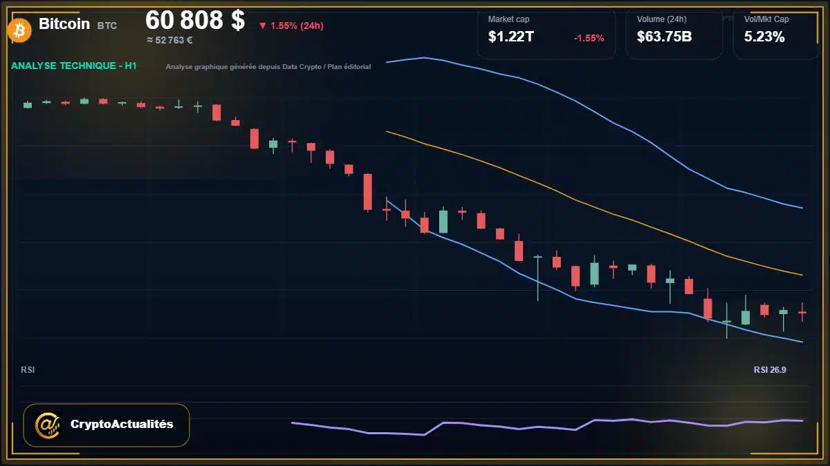 Analyse technique du cours de Bitcoin de bitcoin à 60808 $ aujourd'hui