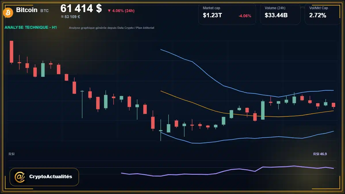 Graphique du cours Bitcoin à 61414 $ Analyse technique du cours de Bitcoin de bitcoin à 61414 $ aujourd'hui