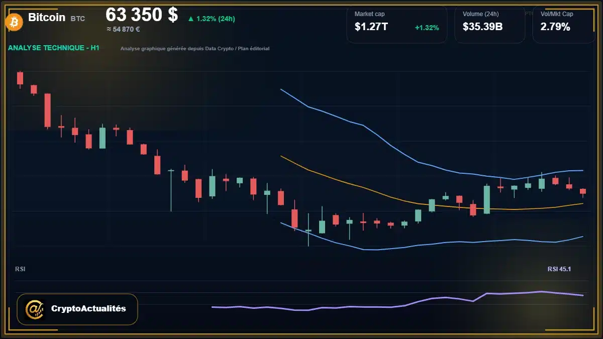 Analyse technique du cours de Bitcoin de bitcoin à 63350 $ aujourd'hui