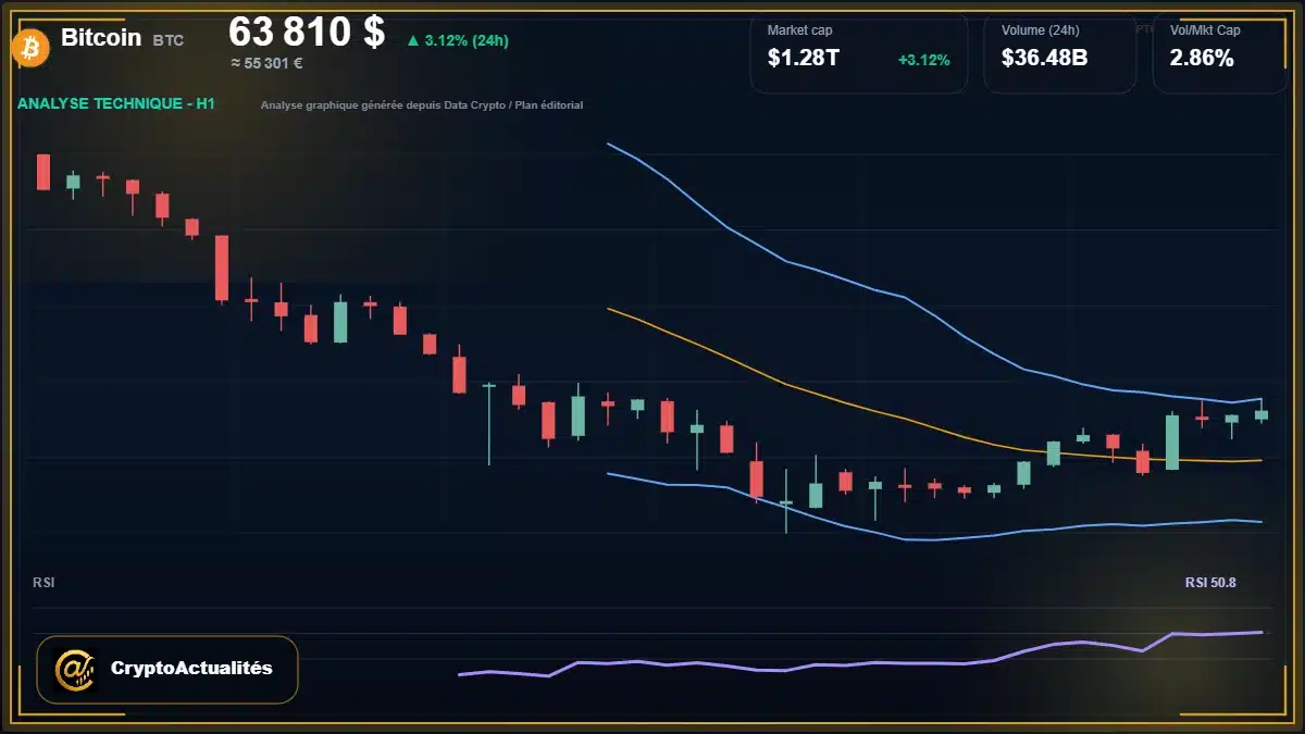 Analyse technique du cours de Bitcoin de bitcoin à 63810 $ aujourd'hui