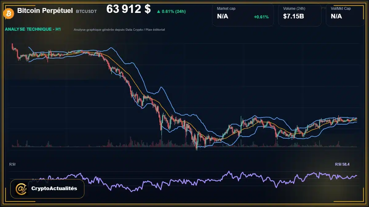 Graphique du cours Bitcoin Perpétuel à 63912 $ Analyse technique du cours de Bitcoin Perpétuel de bitcoin à 63912 $ aujourd'hui