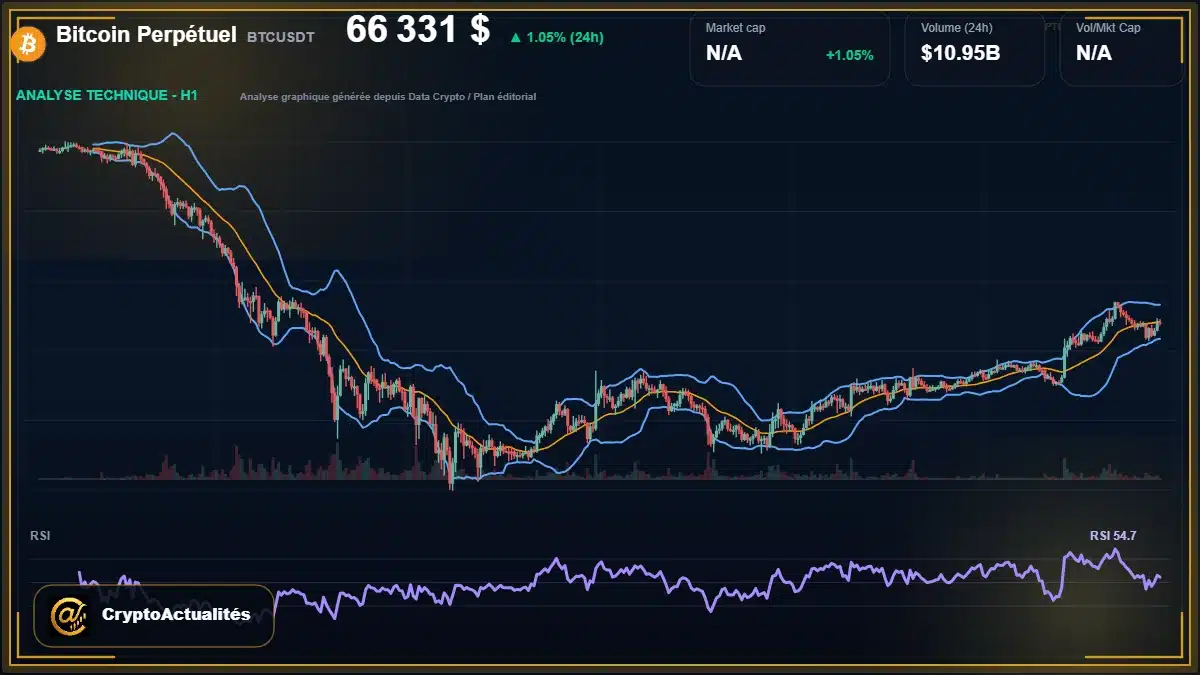 Graphique du cours Bitcoin Perpétuel à 66331 $ Analyse technique du cours de Bitcoin Perpétuel de bitcoin à 66331 $ aujourd'hui