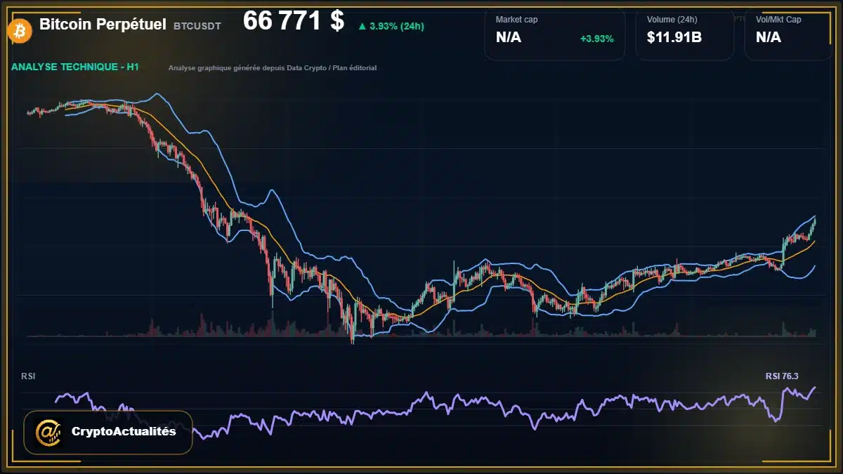 Graphique du cours Bitcoin Perpétuel à 66771 $ Analyse technique du cours de Bitcoin Perpétuel de bitcoin à 66771 $ aujourd'hui