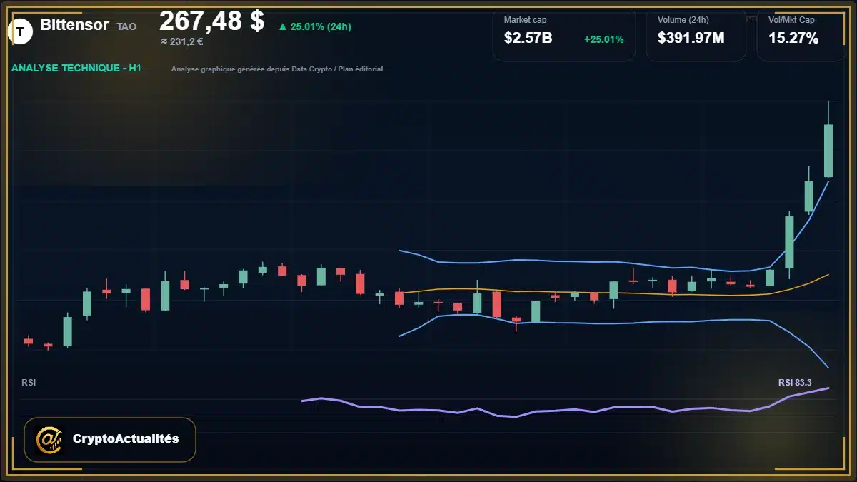 Graphique du cours Bittensor à 267 $ Analyse technique du cours de Bittensor de bittensor à 267 $ aujourd'hui