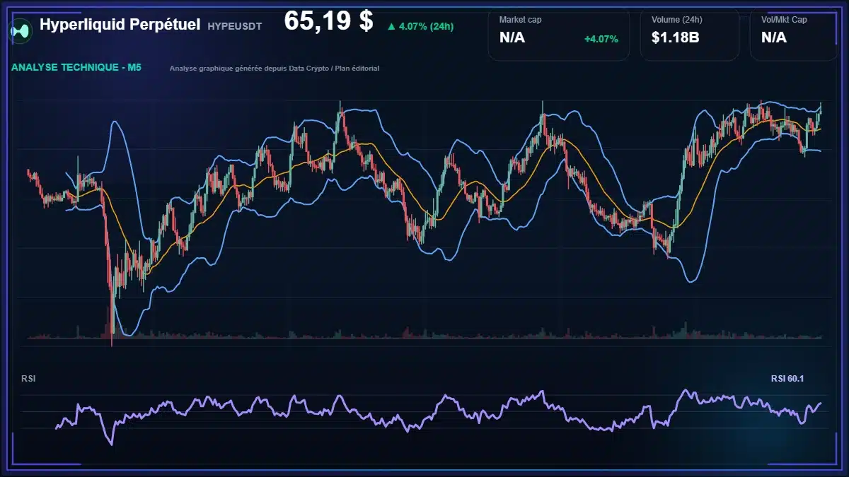 Graphique du cours Hyperliquid Perpétuel à 65.19 $ Analyse technique du cours de Hyperliquid Perpétuel de hyperliquid à 65.19 $ aujourd'hui