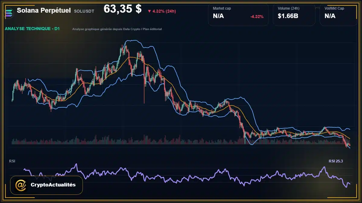 Graphique du cours Solana Perpétuel à 63.35 $ Analyse technique du cours de Solana Perpétuel de solana à 63.35 $ aujourd'hui