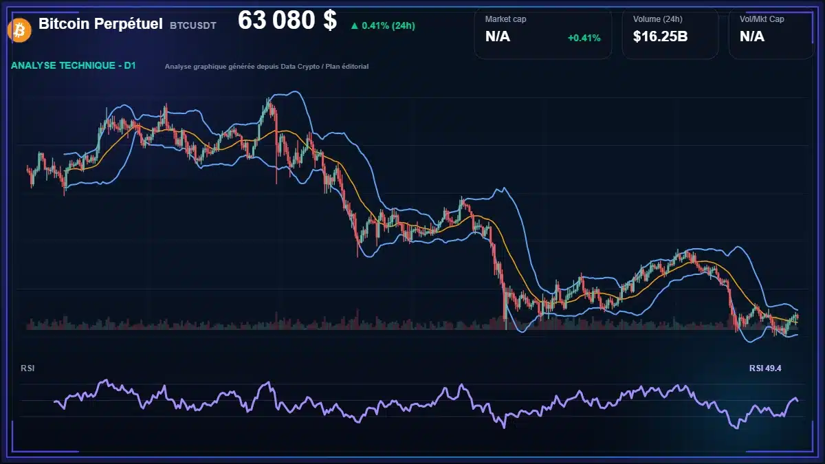 Graphique du cours Bitcoin Perpétuel à 63080 $ Analyse technique du cours de Bitcoin Perpétuel de bitcoin à 63080 $ aujourd'hui