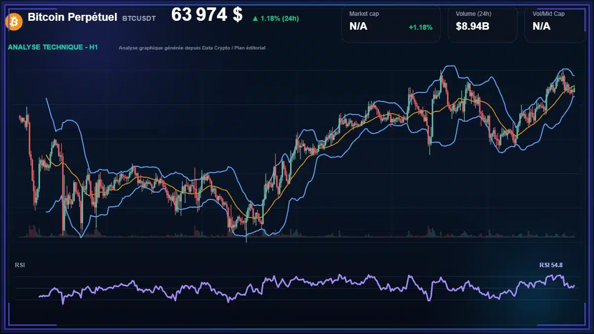 Graphique du cours Bitcoin Perpétuel à 63974 $ Analyse technique du cours de Bitcoin Perpétuel de bitcoin à 63974 $ aujourd'hui