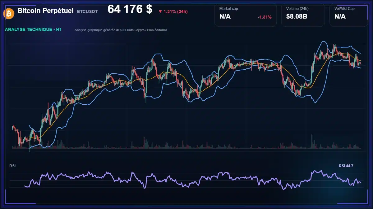 Graphique du cours Bitcoin Perpétuel à 64176 $ Analyse technique du cours de Bitcoin Perpétuel de bitcoin à 64176 $ aujourd'hui